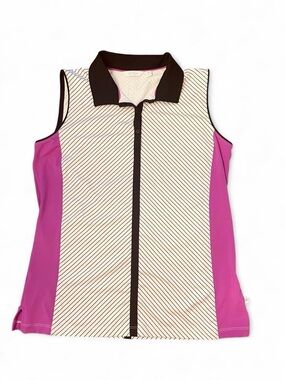 Lady Hagen white/purple striped golf tank with diagonal black stripes and purple